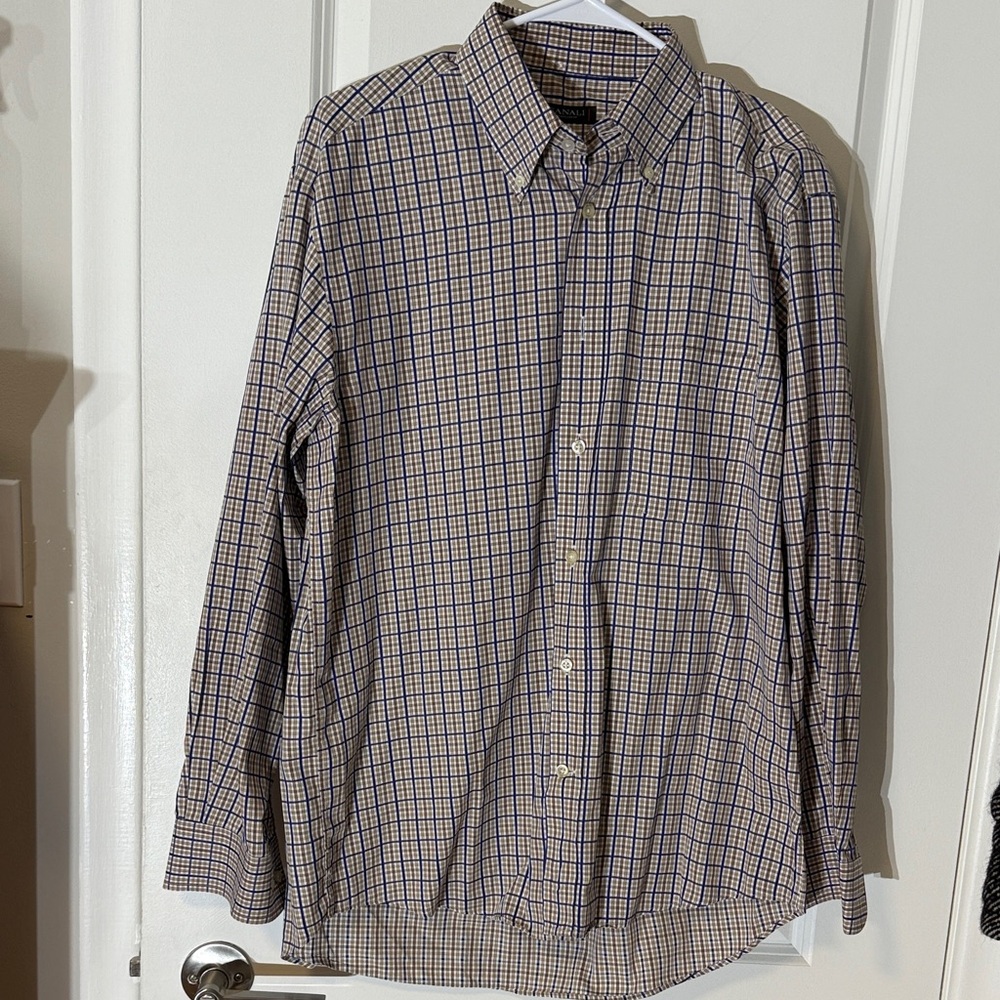Canali Men's Blue and Cream Plaid Shirt